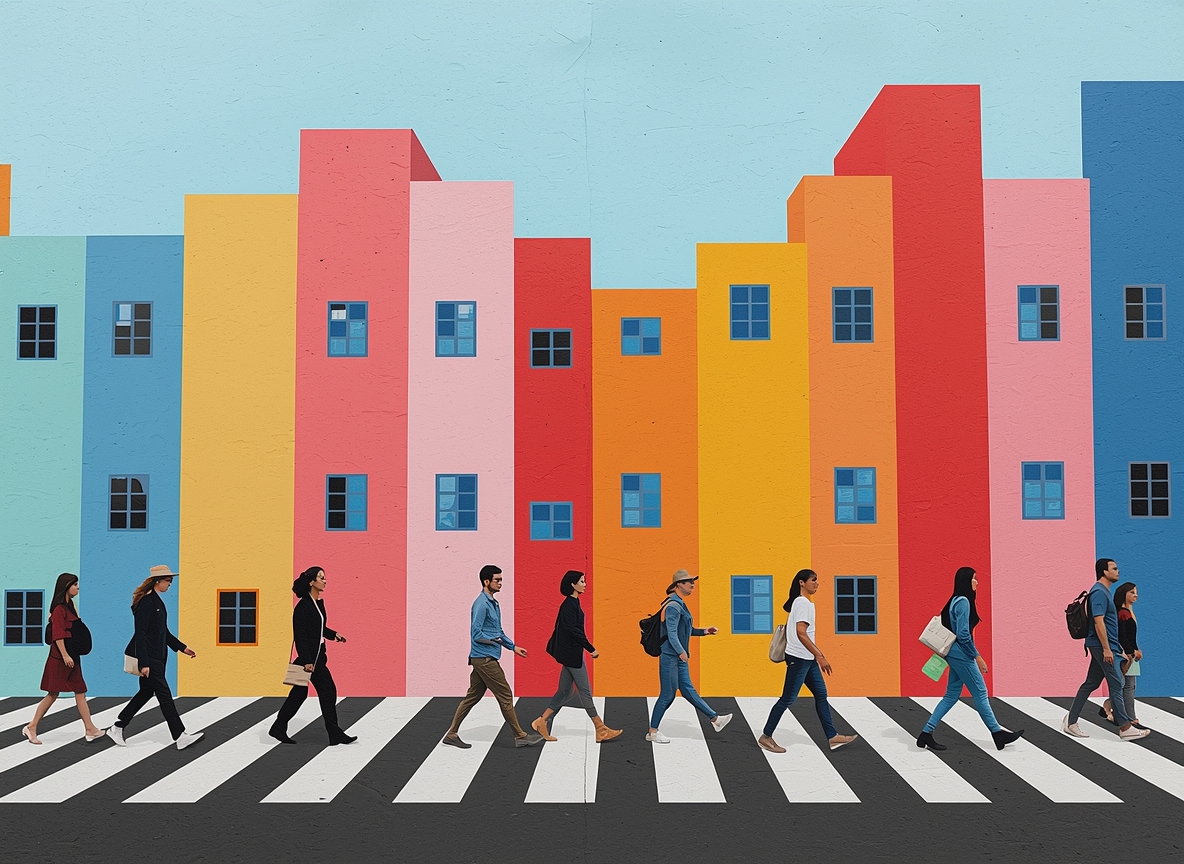 Abstract layered streetscape panel in pastel blocks